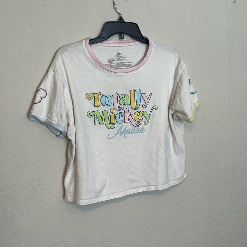 EUC L Disney totally Mickey Mouse white crop top 90s style green blue pink
